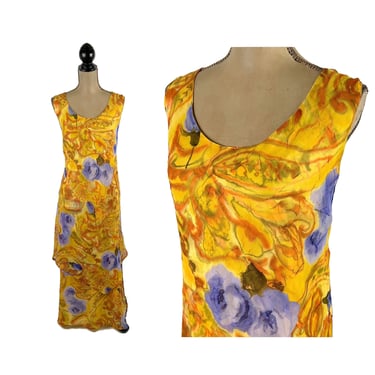XL 90s Abstract Floral Chiffon Maxi Dress, Long Summer Sleeveless Tropical Print Orange Mustard Purple 1990s Clothes Women Vintage Plus Size 