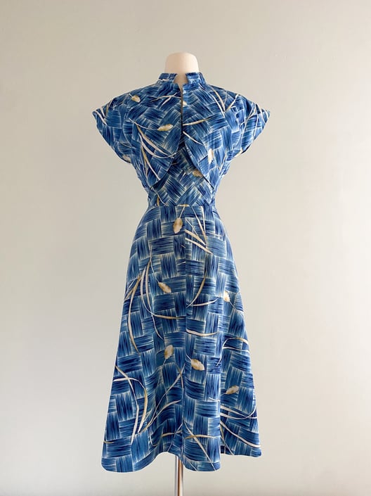 1950's Blue Hawaiian Wheat Print Cotton Dress with Cropped Jacket / Sz L