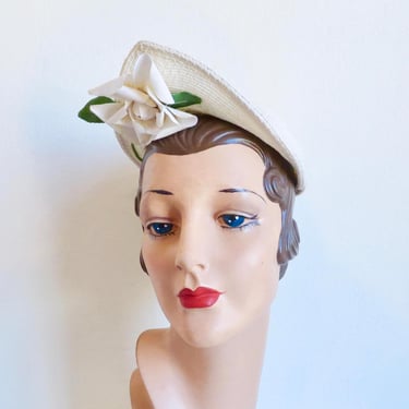 1950's White Woven Straw Front Brim Small Hat Camellia Flower Trim Wedding Bridal 50's Spring Summer Bridal Wedding Millinery Lora Original 