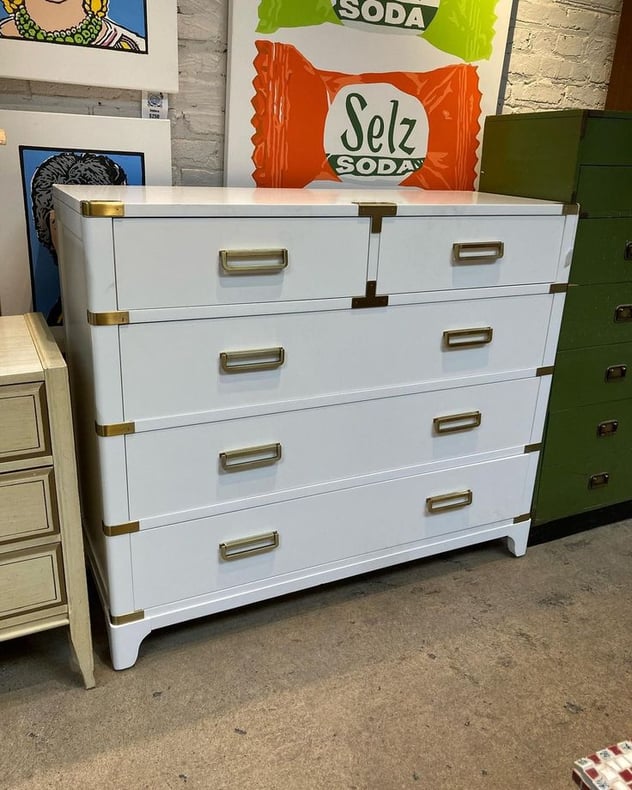 Lovely modern campaign style chest of drawers. (Not perfect)  50” x 19” x 42.5”
