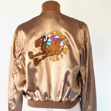 1980s KMEL 106 FM Gold Satin Embroidered Bomber Jacket - Michael Heller - Vintage San Francisco Radio Station Camel Jacket - Unworn 