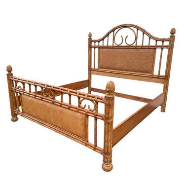 Bamboo King Bed with Rattan Post Headboard & Footboard 71" Tall - Coastal Wicker Carved Wood Artichoke Finials Tommy Bahama Style Furniture 