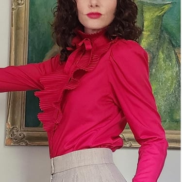Vintage 80s Fuschia Blouse Ruffled Front Shirt 1 Park Ave 