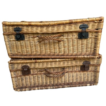French Wicker Suitcases, Pair