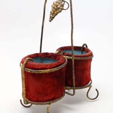 Antique 1800's Victorian Footed Condiment Holder with  Brass Grapes Frame, Velvet Holders 