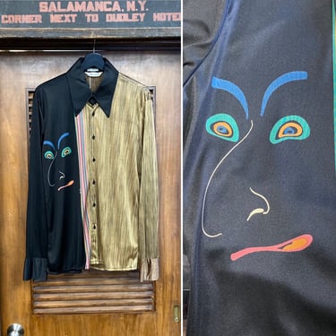 Vintage 1970’s Made in Italy “Nik Nik” Polyester Kabuki Pattern Mod Disco Shirt, 70’s Vintage Clothing 