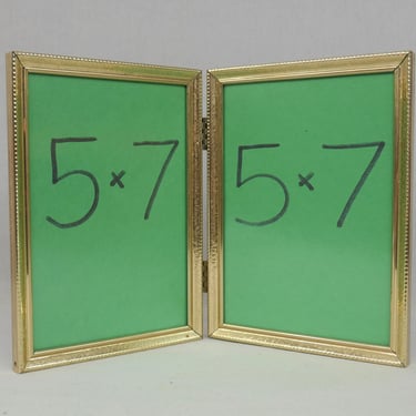 Vintage Hinged Double Picture Frame - Gold Tone Metal w/ non-glare Glass - Holds Two 5" x 7" Photos - 5x7 frame 