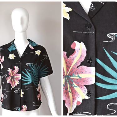 vtg 1980s California Connection Inc. Black and pink Hawaiian hibiscus floral print button down short sleeve shirt |  90s Summer Tiki luau 