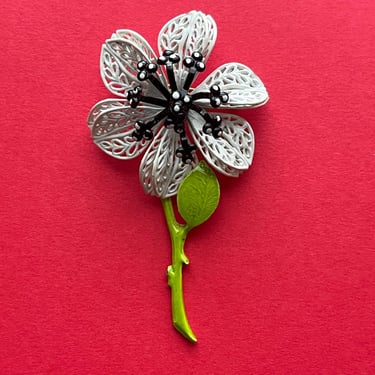 1960s enamel flower brooch lacy white polka dot mod floral pin 