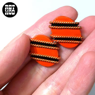 Chic Vintage 70s Orange Black Gold Stripe Oval Metal Cuff Links 