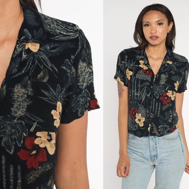 Black Floral Blouse Y2K Tropical Button Up Shirt Hibiscus Flower Leaf Print Short Sleeve Top Collared Summer Boho Vintage 00s Small S 