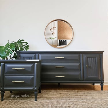 sachin and babi light blue dress Kent Coffey “The Continental” Mid Century Walnut and Brass 5 Drawer Highboy  Dresser | Mid Century Modern Furniture main image 0