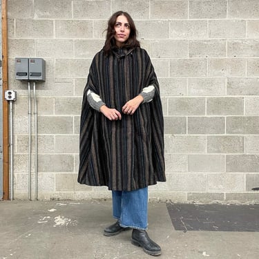 Vintage Cape Retro 1970s Luba + 100% Pure Wool + Striped + Velvet Hood + Poncho + Cloak + Long + Button Down + Womens Winter Coat 