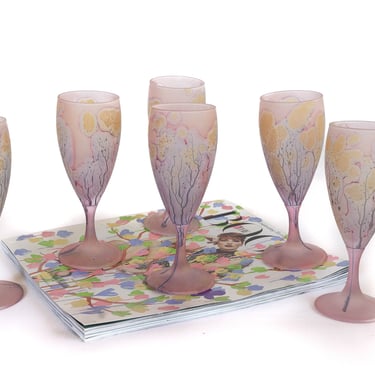 Set of 6 Vintage Art Nouveau Frosted Champagne Glasses, Splatter Paint Contemporary Glassware, Hand Painted Champagne Flutes, Rueven Glass 