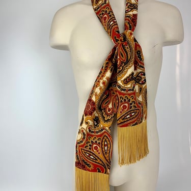 1960's Long Dress Scarf - Paisley Print in Red, Black, Gold on Biege - Rayon or Acetate - Woven Fringe 