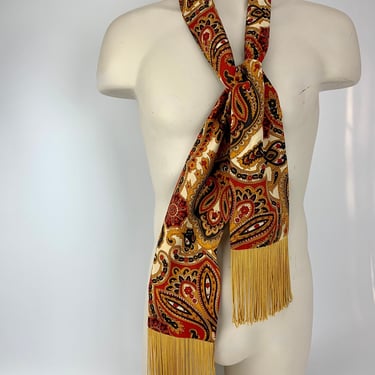 1960's Long Dress Scarf - Paisley Print in Red, Black, Gold on Biege - Rayon or Acetate - Woven Fringe 