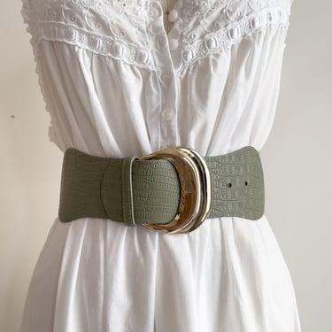 green waist belt 80s vintage sage green leather elastic corset belt 