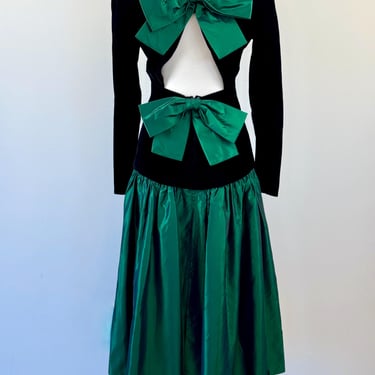 1980s Black Velvet Emerald Taffeta Dress 