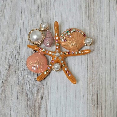 Vintage Monet Brooch Enameled Starfish Seashells with Faux Pearls and Rhinestones - Signed 