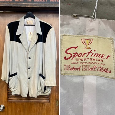 Vintage 1950’s Size XL “Sportimer” Two-Tone Rayon Gabardine x Velvet Pleated Fleck Hollywood Leisure Rockabilly Jacket, 50’s Vintage 