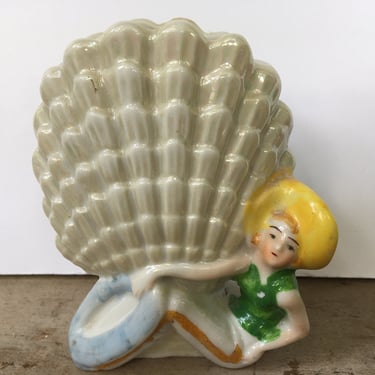 Vintage Deco Beach Lady With Shell Planter, Made In Japan, Clamshell With Woman Planter, Ocean Beach House Decor 