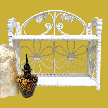Vintage Wicker Wall Rack Retro 1980s Bohemian + White + Daisy Flower Design + 2 Shelves + Bathroom Storage + Table or Vanity + Home Decor 