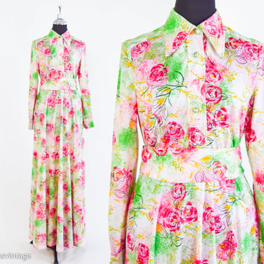 1970s Colorful Floral Print Maxi Dress | 70s Floral Splatter Print Maxi Dress | Don Luis de Espana | Small 