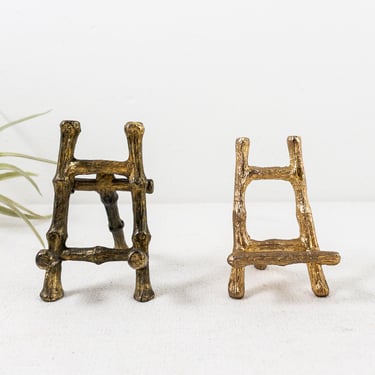 Small Brass Faux Bamboo Easels, Vintage Tiny Gold Metal Display Stands 