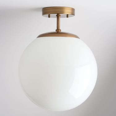 Large Mid Century Modern Semi Flush - Hand Blown Globe - 12" Milk Glass Shade 