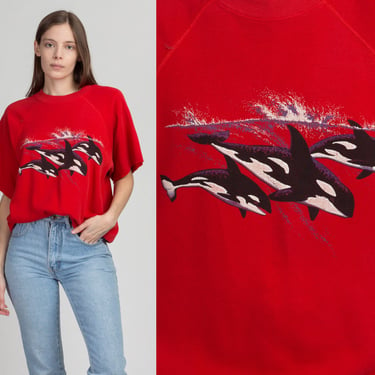 80s Orca Whale Sweatshirt Top - Extra Large | Vintage Unisex Red Short Sleeve Animal Graphic Pullover 