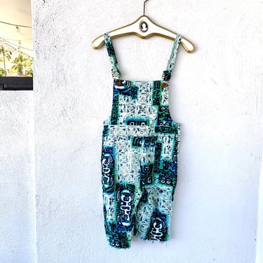 Vintage 60s 70s Psychedelic Hawaiian Graphic Overalls Barkcloth // 1960s 1970s Hawaiian Bright Blue Green Cut Off Overall Shorts One Piece 