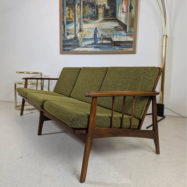 MCM Vintage Hans Wegner Style Walnut Sofa w/ Green Tweed Upholstery