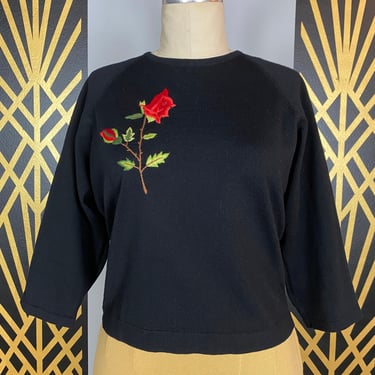 1950s sweater, embroidered rose, vintage 50s top, black wool knit, 3/4 length sleeves, mrs maisel style, medium, rockabilly, 36 38 bust 