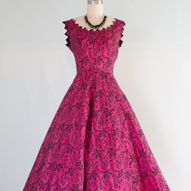 Vintage 1950's Dahlia Pink &amp; Black Party Dress / XS