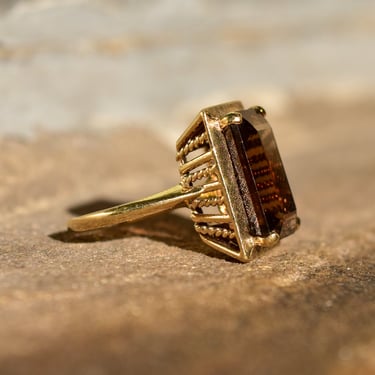 10K Smokey Quartz Cocktail Ring, Emerald-Cut Gemstone, Textured Yellow Gold Setting, Estate Jewelry, Size 8 US 
