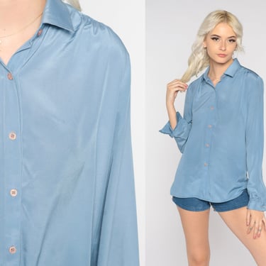 70s Blue Blouse Simple Button Up Shirt Shiny Collared Long Sleeve Top Retro Disco Shirt Boho Simple Chic Plain Vintage 1970s Medium Large 