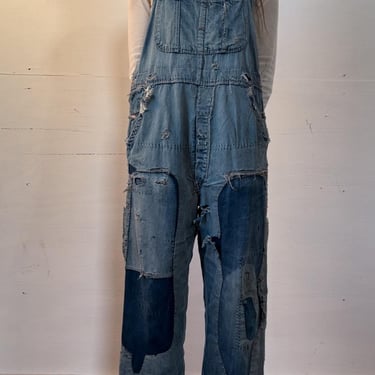 35” Waist, Vintage 1950s SUPER Thrashed And Patched Denim Overalls, Workwear, As Is, Pay Day 