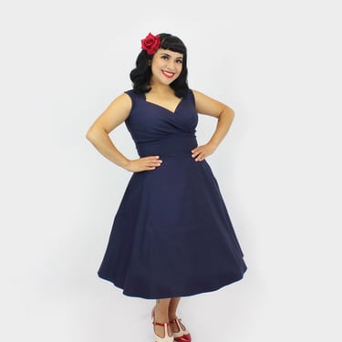 Navy Blue Sweetheart Sleeveless Circle Dress | Vintage-Inspired Fit & Flare Dress XS-3XL | Retro Cocktail Party Dress 
