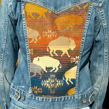 DENIM JEAN JACKET - Women's Small - Made with Gap Denim and Prairie Rush Hour - Buffalo - Pendleton Wool 