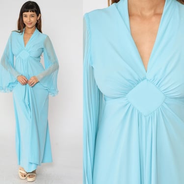 70s Angel Sleeve Dress Maxi Baby Blue Fairycore Boho Empire Waist Chiffon Pleated Sleeve V Neck Hippie Bohemian 1970s Long Vintage Medium 