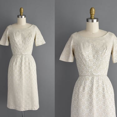 1950s vintage dress | Beautiful Beige Ivory Textured Pencil Skirt Dress | XS | 50s dress 
