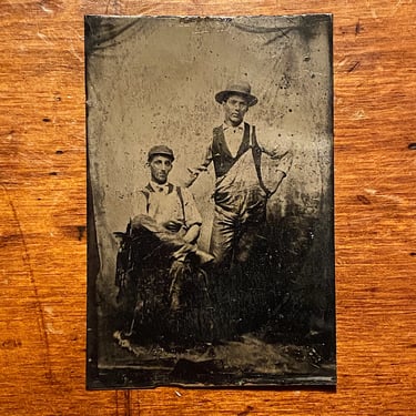 Antique Occupational Tintype of Two Workers in Aprons - Early 1900s Merchant Photography - Rare Overalls - Vintage Merchant Portrait 