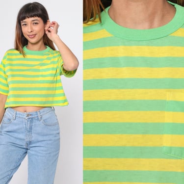 Striped Crop Top 80s Yellow Lime Green T-Shirt Retro Ringer Tee Raw Edge Cutoff Short Sleeve Cropped Shirt Neon Tshirt Vintage 1980s Medium 