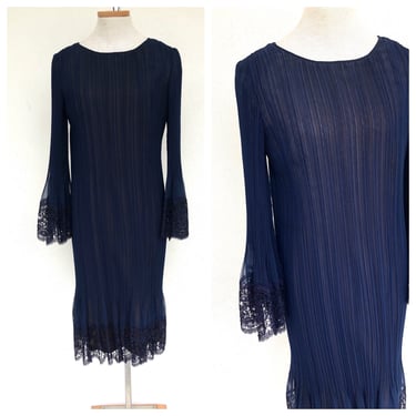 Amazing 1970's Designer Abe Shrader Navy Chiffon Bell Sleeve Pleated Dress with Lace Detail 