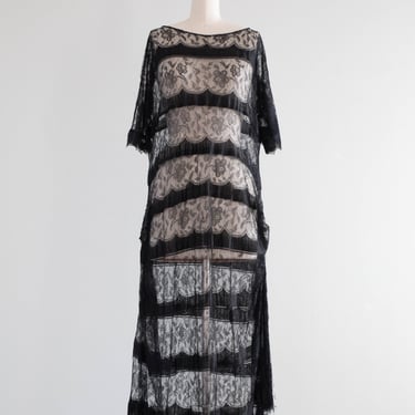 Exquisite 1920's Black French Lace Flapper Era Evening Dress / M