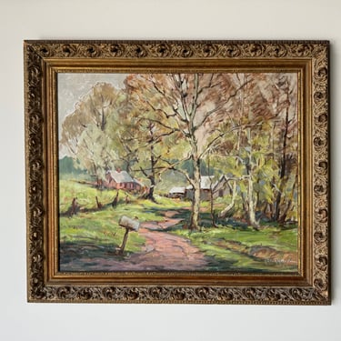 1960's Ruth Kerlin Hibbs Spring Rural Landscape Oil On Canvas Painting, Framed 