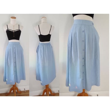Vintage Midi Skirt - Button Front High Waisted Pastel Blue Skirt - Pockets - Size XS Small 