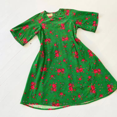 1960s Green Corduroy Rose Print Dress 