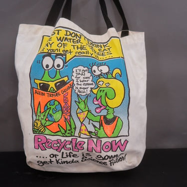 80s Alien Recycle Tote Bag | Novelty Graphic  | Made in USA  | Perfect for Groceries or Everyday Use 
