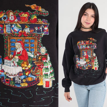 90s Christmas Sweatshirt Santa's Workshop DIY Sweater Snowflake Black Holiday Jumper 1990s Ugly Xmas Vintage Graphic Large 